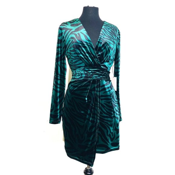 LINI NATALIE Velvet Emerald Zebra Print Faux Wrap Dress S - Picture 12 of 13